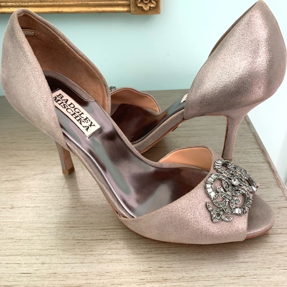 Badgley Mischka Taupe Leather Pumps with Rhinestone Embellishment - Picture 4 of 5